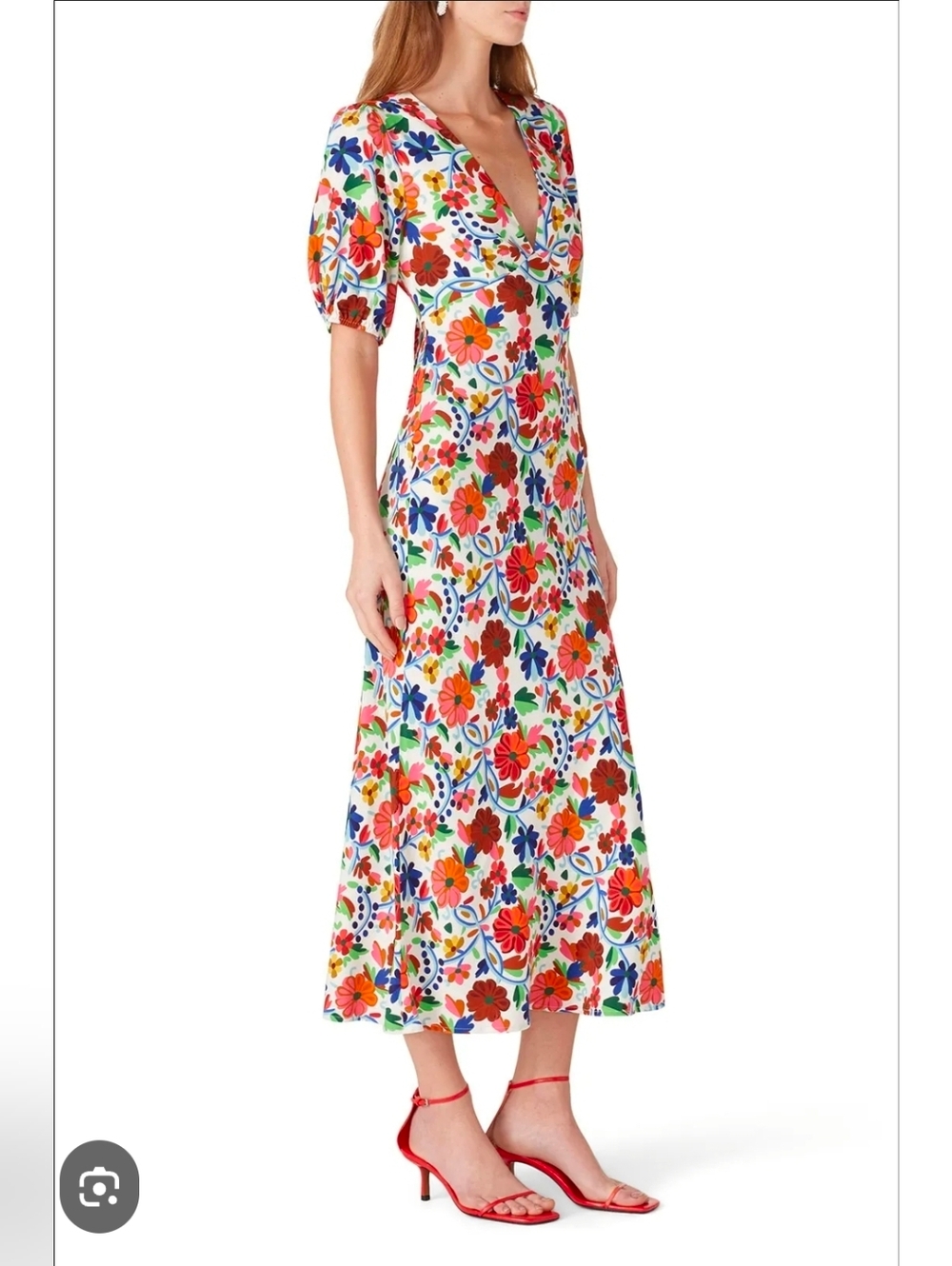 Rixo Floral V-Neck Puff Sleeve Midi Dress in Multicolor